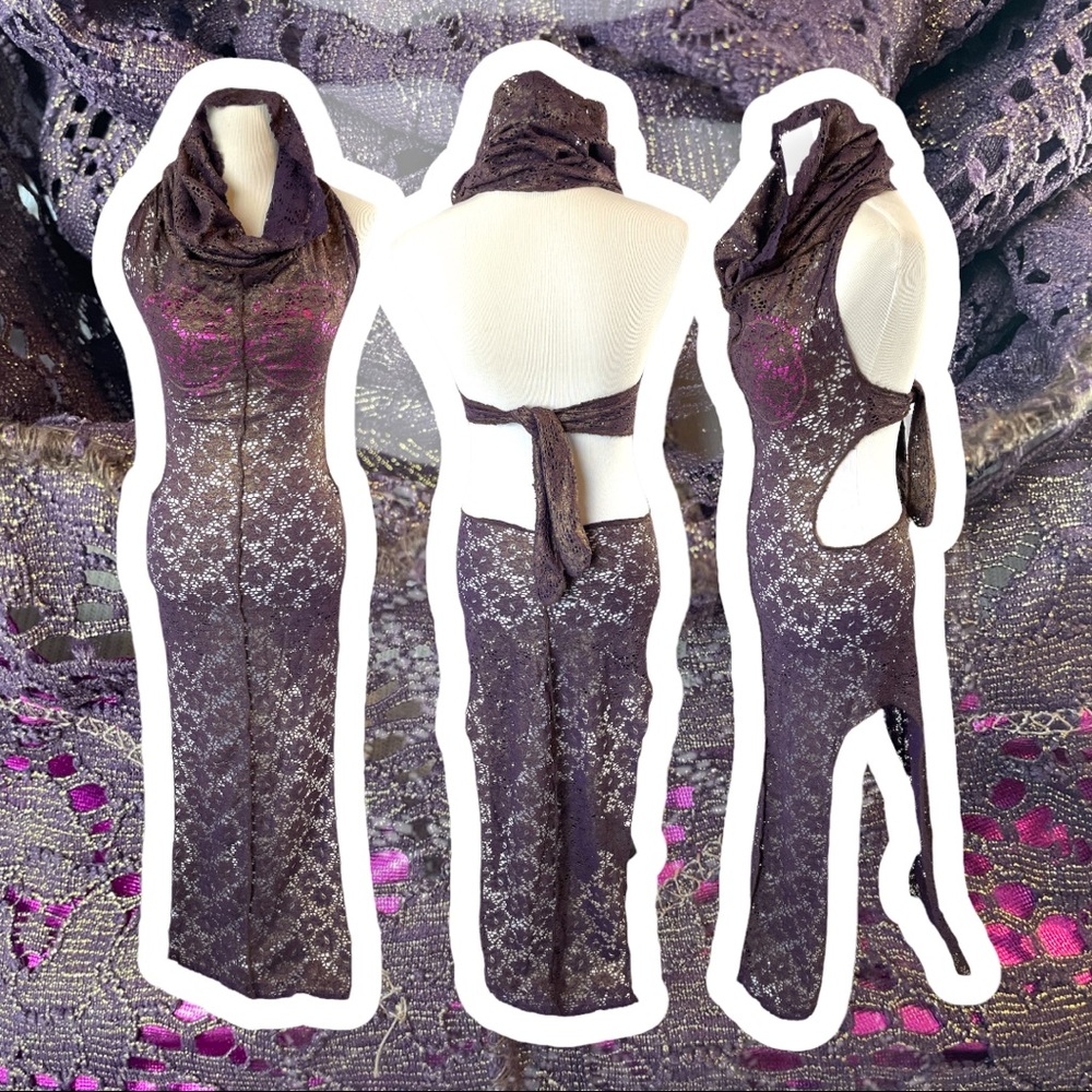 Bronze and Magenta Lace Halter Cowl Festival Playa Dress